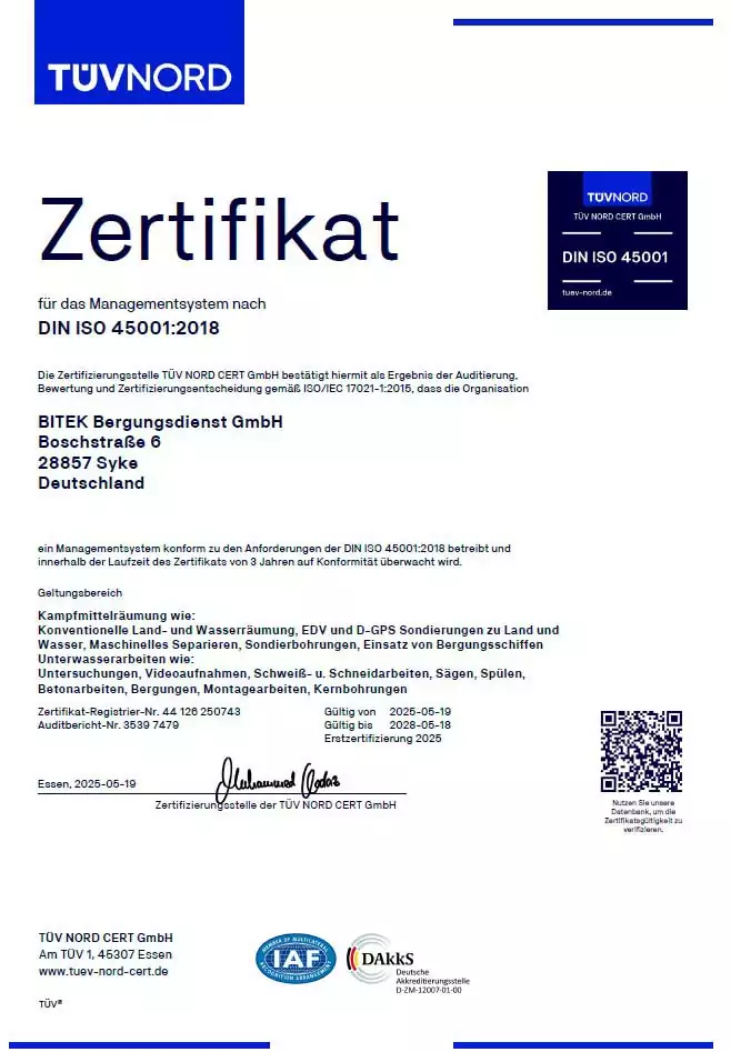 Qualitätsmanagement Zertifikat ISO 45001 BITEK Kampfmittelbergung Bremen